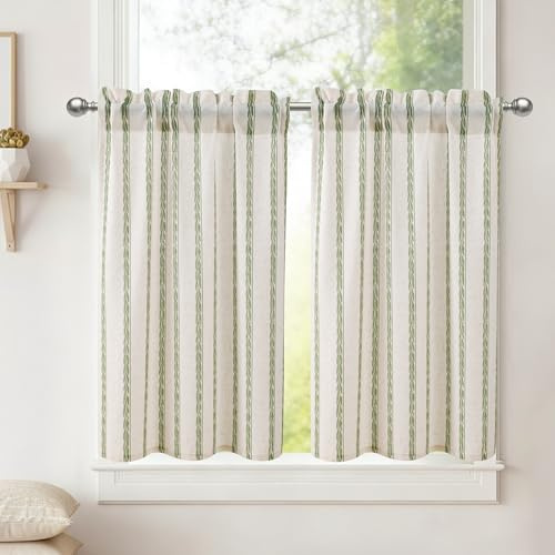DWCN Skivgardiner moderna gröna vete, ränder, gardiner, linne, H 90 x 60 cm, 2 stycken, kort, halvtransparenta köksgardiner för bistrogardin, badrum, skåpgardin, balkong, fönstergardiner, lantlig stil