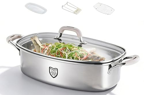 Vaporera De Acero Inoxidable para Pescado con Tapa - Cazuela Poco Profunda para Cocinar, SartéN EléCtrica Ovalada Antiadherente, Acero Inoxidable Cepillado(Silver)