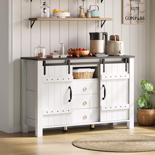 Jaxenor Kitchen Sideboard with 2 Sliding Doors, Storage Cabinet with 3 Drawers and Farmhouse Style, Storage Sideboard for Living Room, Kitchen, Bedroom, Black+White(120x40x80cm)