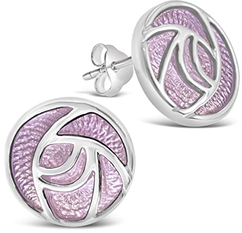Alexander Castle Charles Rennie Mackintosh Pink Rose Enamel 925 Sterling Silver Earrings for Women - Stud Earrings with Jewellery Gift Box - 15mm x 15mm