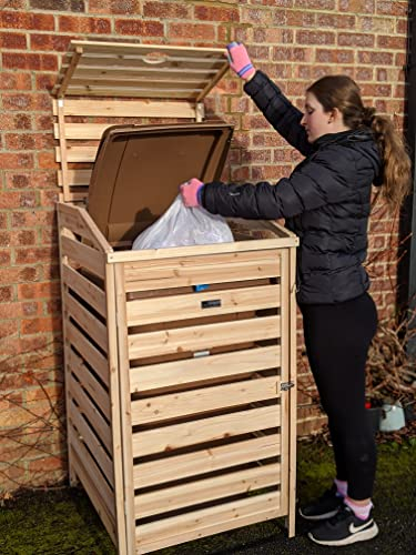 BinGarden Single Wheelie Bin Storage Store Bi-Fold Roof Natural Colour Garbage Cover Garden Shed Tidy Hide Trash Can Outdoor Dustbin Slatted Hideaway for up to 240L Bins / 65G Cans