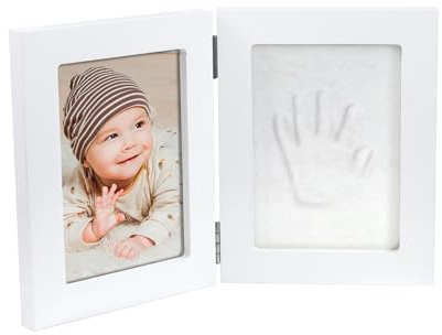 Dooky 130025 Happy Hands Pequeño juego de huellas de mano de doble marco para las huellas de mano o de pie de un bebé (dimensiones: 17 x 13 cm, incluye arcilla de modelar inocua), blanco