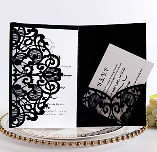 BLUGUL 10pcs Tarjeta de invitación de Boda, Invitaciones de Boda, Hollow Floral Design, con 2 Tarjetas en Blanco, Negro