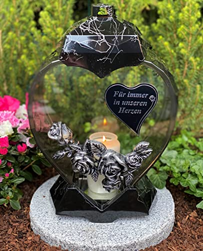 Lampada da tomba a forma di cuore, con scritta Per sempre nei nostri cuori, candela funeraria, decorazione per sepoltura 33 cm, altezza