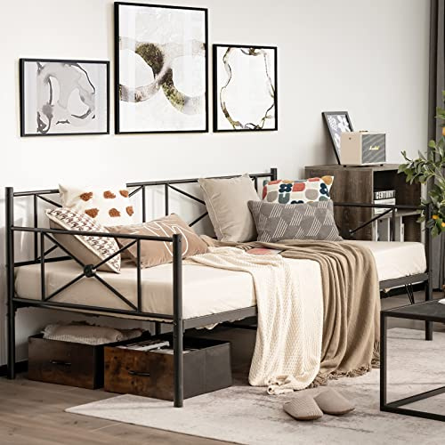 Giantex Twin Size Daybed Frame, Metal Sofa Bed w/Heavy Duty Steel Slats Support, Mattress Foundation, Dual-Use Platform Bed for Living Room Bedroom Guest Room, Easy Assembly, Black