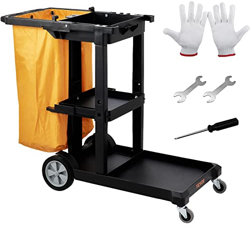 VEVOR Carro de Limpieza para Conserje de 3 Estantes Negro Carro de Empuje Móvil de PP con 4 Ruedas Carrito de Fregar Multifunción con Bolsa de PVC Capacidad de 22 Libras para Oficina Hotel Aeropuerto