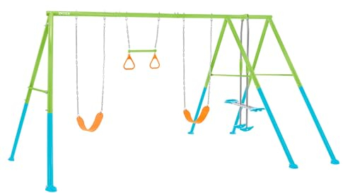 Intex 44130 - Altalena con Due Seggiolini, Dondolo e Trapezi, Acciaio, Verde e Azzurro, 465x249x203 cm