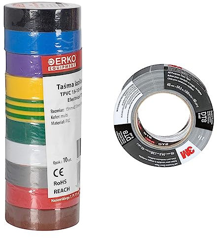 ERKO 10 unités de Ruban d'isolation électrique Multicolore 15 mm x 10 m, pour isoler Les conduits, Les câbles électriques & 3M Ruban toilé Tout Usage DT8, Argent, 48 mm x 23 m, 0.2 mm