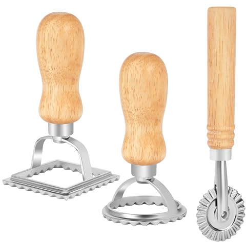 Winter Shore Estampador y Cortador Pasta [Pack de 3] - Raviolis Molde Cortador, Mangos de Roble, Bordes Estriados - Aleación de Zinc Resistente a la Oxidación - Rueda y Prensa Estampadora para Cocinar