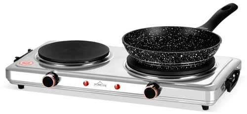 Homelux Kochplatten 2er Elektrisch, 1000W + 1500W Herdplatte 2 Kochfelder, Einzeln Regelbare 5 Heizstufen, Kochfeld für Küche, Büro oder Camping, Silber