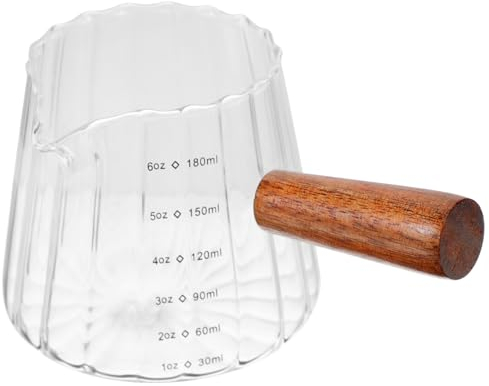 Ciieeo Transparent Glass Milk Frothing Pitcher with Wooden Handle, 180ml Measuring Cup for Coffee, Tea, Cocktails, Ideal for Home and Cafe Use, Dishwasher Safe