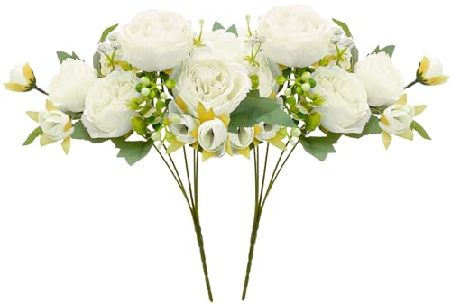 2 Piezas Peonias Artificiales, Falsas Peonía Ramo Artificial para Decoración del Jardín de la Fiesta del Hogar Fiesta de Boda Arreglos Florales (Blanco)