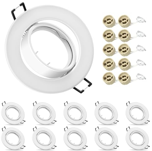 10x Moderne Einbaustrahler Rahmen, GU10 Einbauleuchten, inkl. GU10 Fassung, Decken Spot Weiß Rund, 30° Schwenkbar Einbauspots Rahmen, Außendurchmesser: 90mm, Ausschnitt Ø65-80mm (Ohne Leuchtmittel)