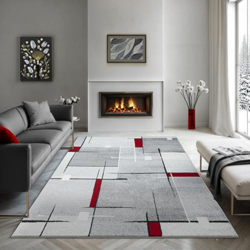 the carpet Pearl Moderner Dichter Kurzflor Wohnzimmer Schlafzimmer Teppich, Konturenschnitt, Geometrische Muster, Kariert, Grau Rot, 80 x 140 cm