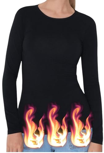 Camiseta Termica Mujer Manga Larga- Camisetas sin Costuras Interior Afelpado - Camiseta calentita Invierno (Negro)