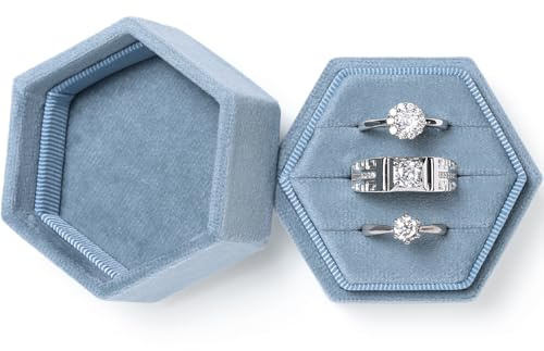 WantGor Velvet Jewelry Ring Box, 3 Slots Hexagon Ring Gift Box Ring Holder