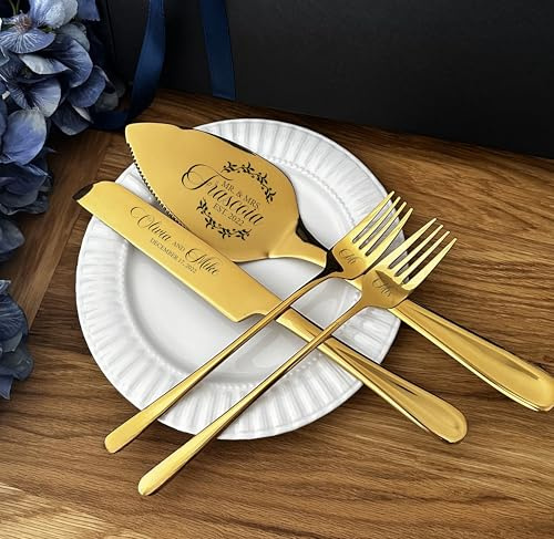 Custom Wedding Cake Cutting Set - Personalized Knife and Server With Forks, 4pcs - Bridal Shower Gifts for Couples