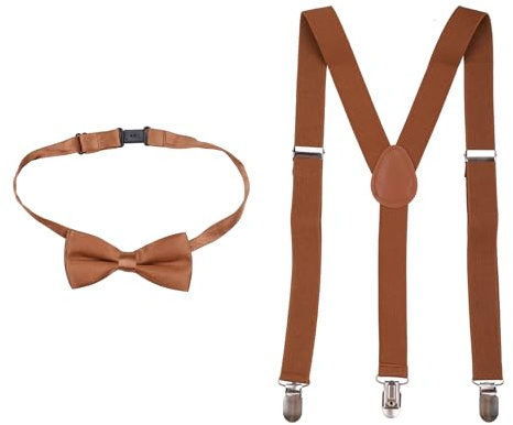 Evenemangsdekor butik barn hängslen och fluga set, gamla barn justerbar Y-formad helt elastisk klämma på stag rosa färg fluga, perfekt klädtillbehör för barn, Brun, 60cm (Kids 1-6 Years)