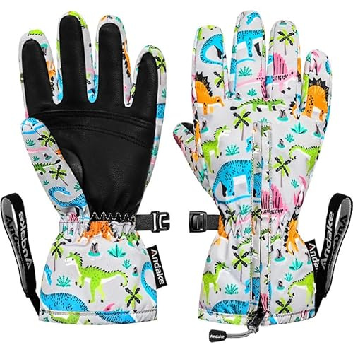 Andake - Guanti invernali per bambini, antivento, impermeabili, caldi, per sci, sport all'aria aperta, equitazione, per ragazzi e ragazze (Dinosauro, 2-4 anni)