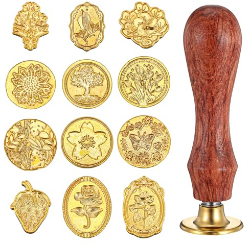 Vaxsigillstämpelkit, 12 st vaxförseglingsstämpelhuvud med trähandtag vintage klassisk förseglingsstämpel för gratulationskort bröllop inbjudningskort kuvert presentförpackning hantverk