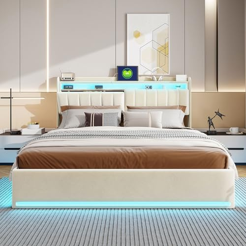 BLSYHDH Letto baule 140 x 200 con LED, letto imbottito con cassapanca imbottita LED idraulica, letti matrimoniali con ripostiglio imbottito letti per adulti baule (beige+velluto, 140 x 200)