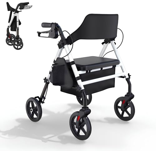 Andador para Ancianos Plegable con Asiento Acolchado, Frenos de Maneta y Cesta – Ligero, Resistente y Seguro con 4 Ruedas Giratorias – Ideal para Personas Mayores, Interior o Exterior