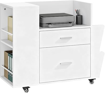 YITAHOME Rolling Filing Cabinet with Side Racks & 4 Wheels, File Cabinet with Adjustable Hanging Rods for A4/Letter Documents, Printer Stand for Home Office, White