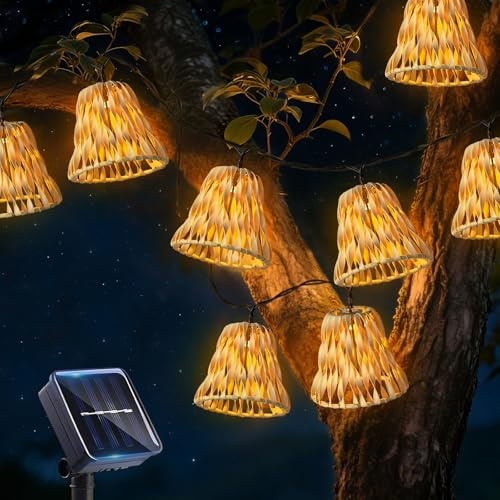 Cadena de luces solares para exterior, 10 luces LED resistentes a la intemperie de 3,6 m, cadena de luces solares de ratán naranja para decoración de jardín al aire libre, cadena de farolillos para