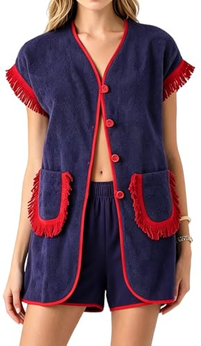 HooteBeooe Tenue 2 pièces en tissu éponge pour femme – Haut boutonné à franges et short taille haute, vêtements de détente d'été de plage