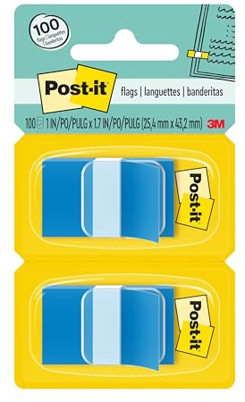 Post-it Flags, 50/Dispenser, 2 Dispensers/Pack, 1 in Wide, Bright Blue (680-BB2)