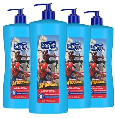 Suave Kids 3 in 1 Shampoo Conditioner Body Wash For Tear-Free Bath Time, Fresh Spider-Sense, Dermatologist-Tested Kids Shampoo 3 in 1 Formula 28 oz, Pack of 4