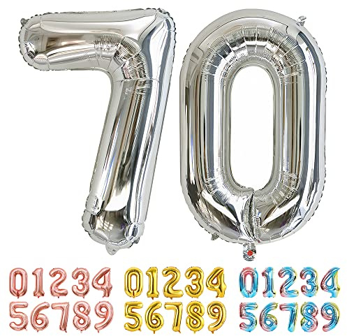 Ponmoo Foil Balloon Number 70 Silver, Giant Numbers 0 1 2 3 4 5 6 7 8 9 10-19 20-29 30-39 40-49 50-60-70-80-90-100, Large Balloons for Wedding Anniversary Birthday Party Decoration