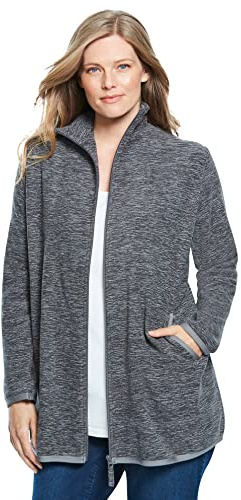 Woman Within Plus Size Zip-Front Microfleece Jacket Long Oversized Fleece - M, Black Marled