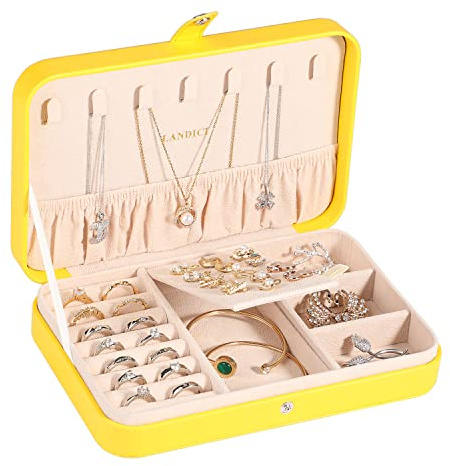 LANDICI Jewellery Box Small Jewellery Organiser for Women Girls, Yellow | PU Leather Travel Jewellery Storage Case, Portable Jewellery Holder for Ring Earrings Necklace Bracelet, Jewellery Gift Box