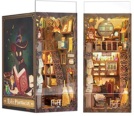 CUTEBEE Book Nook Kit mit Staubschutzhülle–DIY Puppenhäuser Miniatur Haus Kit mit LED-Licht,Booknook Häuser 3D Puzzle Buchstützen aus Holz,Modellbausätze für Erwachsene zum Bauen (Magic Pharmacist)