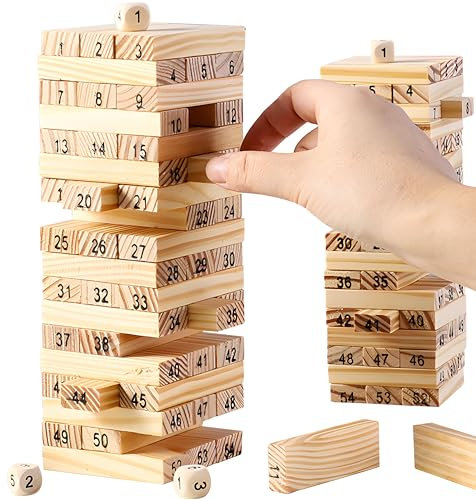 Retoo Wackelturm Stapelspiel Geschicklichkeitsspiel für die ganze Familie Balance Tower gefertigt aus un-behandelten Holz 54 teilig geeignet ab 5 Jahren