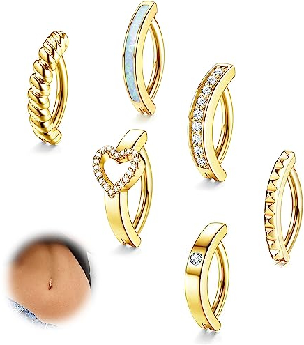 FIOROYAL 6Stück 14G Bauchnabelpiercing Gold CZ Opal Herz Bauchnabelpiercing Ring Clicker Piercing Bauchnabel Ring Set Belly Piercing Schmuck
