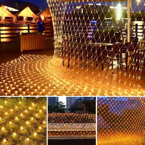 LYPPUL Lichternetz Außen 3x2m, 200LED Lichterkette Netz mit Stecker, Weihnachtsbeleuchtung Netz mit 8 Modi, Wasserdicht Lichtervorhang für Weihnachten Büsche Garten Zäune Balkon Hochzeit(Warmweiß)