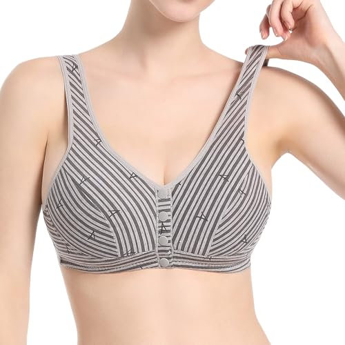 Front Fastening Bras for The Elderly Comfortable Convenient Front Closure Button Cotton Bras for Seniors No Underwire Bras Bra Minimiser for Women Neck Bra Backless (Grey, J)