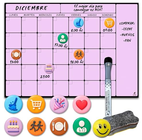 toots - Calendario Magnético Nevera A3 (42x30) Lila Art Deco, Planificador Mensual y Semanal con Marcador Negro, Borrador, Emoji y 8 Imanes Temáticos | Pizarra Cocina