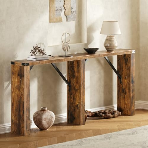 YATINEY Mesa de Consola Extra Larga, Mesa de Sofá, Estilo Industrial, con Decoraciones Metálicas y Refuerzos Triangulares, para Espacios Pequeños, Entrada, Sala de Estar, Marrón Rústico XCT30BR