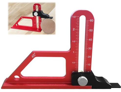 Jauge Profondeur Scie à Table, Métrique et Pouces, Alliage D'aluminium Jauge de Profondeur, Échelle Réglable 0–60 mm, Règle de Mesure de Profondeur Biseautée à 45 °, au Charpenterie DIY (rouge)