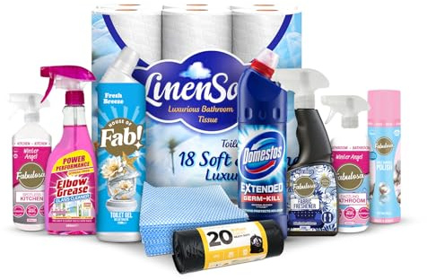 FabFinds Vegan Mega Household Cleaning Bundle 10-Piece Toilet Paper Bin Bags Antibacterial Spray Multi-Surface Cleaners & All-in-One Home Cleaning Kit