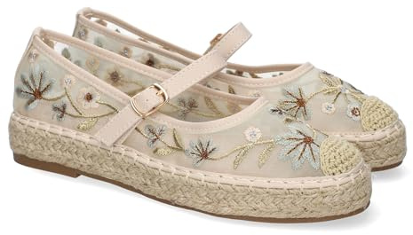 shoes&blues.es 92158 Bailarina Estilo Apargata con Yute para Mujer, Diseno Moderno Floral, Comodo y Elegante con Punta Bordada y Cierre de Hebilla. Beige Talla 39