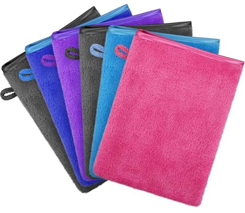 eaacaa Lot de 6 Gants de Toilette en Microfibre Super Doux - en éponge - en Microfibre - Multicolore, Gris, Bleu, Rouge, Violet - pour Le Corps, Le Visage, Le Visage - pour bébé, Enfant et Femme