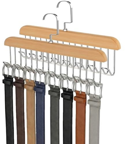 2 Pack Wooden Belt Hanger for Wardrobe, 8-Hook Space Saving Belt Organiser & Tie Rack, 360° Swivel Buckleless Belt Holder Storage for Ties, Scarves, Bras and Accessories