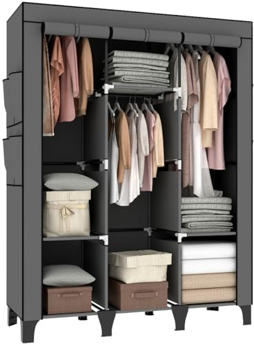 OPPAIYA Canvas Wardrobe, Portable Wardrobe With 3 Hanging Rails, 6 Shelves and 8 Side Bags, 165 * 45 * 125cm Temporary Storage Closet, Large Fabric Wardrobes for Garage, Basement & Bedroom - Grey
