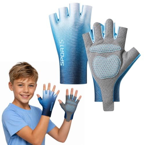 Guantes Deportivos para Niños, Guantes de Ciclismo de Verano Semidedos de Seda Helada, Antideslizantes para Patinaje sobre Hielo, Patinete y Deportes al Aire Libre, para Niñas y Niños - Azul, Talla M