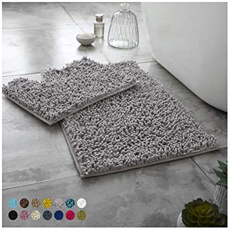Lions Luxury 2 Piece Loop Bath Mats for Bathroom - Non Slip Chenille Bath Mat Set Rugs, Extra Soft with Water Absorbent Pedestal Bathmat Shower Toilet Mat, Silver