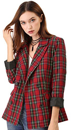 Allegra K - Giacca da Donna, Chiusura a Doppio Petto, con Risvolto Dentellato, Motivo a Quadri, Stile Formale, da Lavoro - - Large